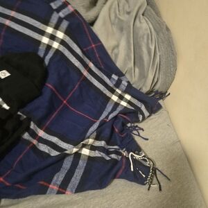 Filson Blue Plaid Wool Scarf with Red and Cream Accents